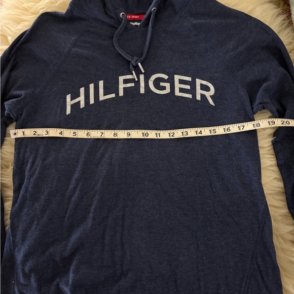 Tommy Hilfiger Navy Athletic Hoodie Tee Top with White Logo - Picture 3 of 6